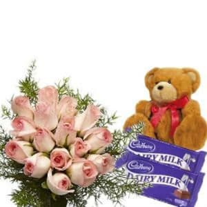 12 Pink Roses Bunch with Chocolates and Soft Toy